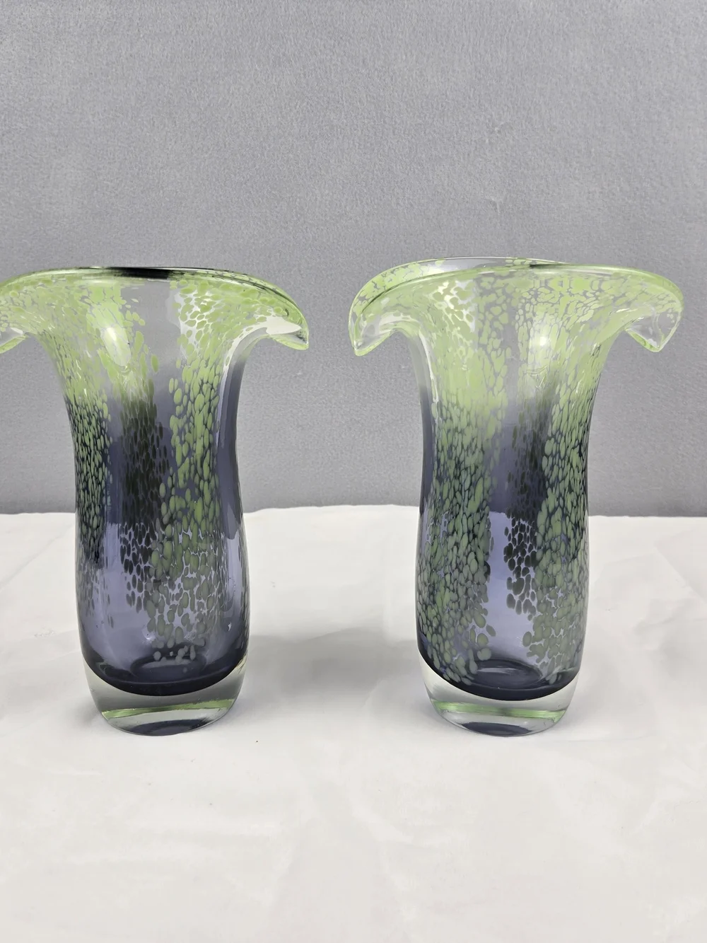 Vintage Teleflora Art Glass Vases Pair Chartreuse Green Purple Spatter